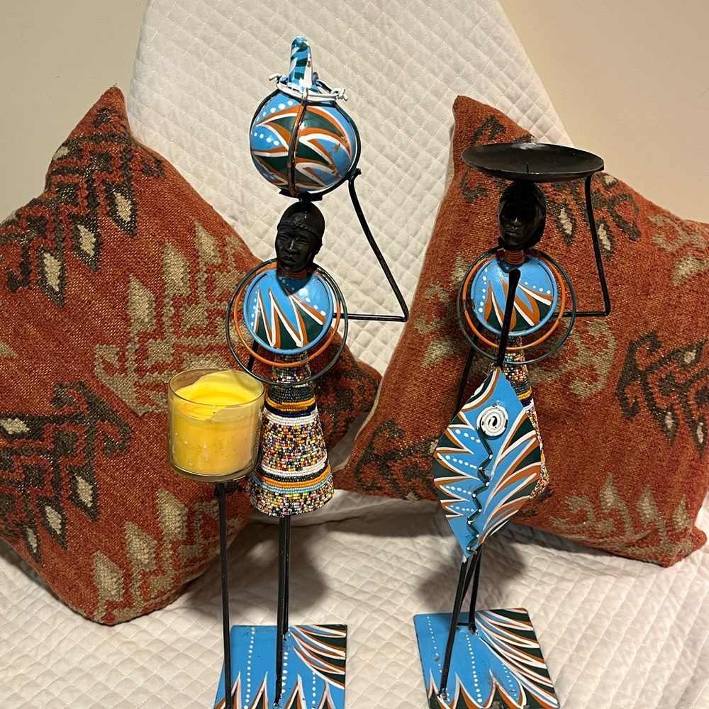 Colorful Blue/Orange Beaded/Metal African Maasai Candle Holder Figurine
